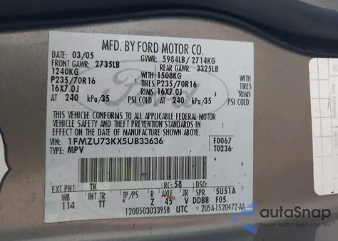 2005 Ford Explorer Xlt/Xlt Sport z USA, uszkodzony, nr VIN 1FMZU73KX5UB33636